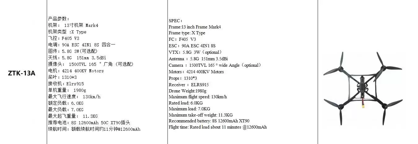 AI 유도 및 광섬유 전송 기능을 갖춘 13인치 FPV 드론 13A